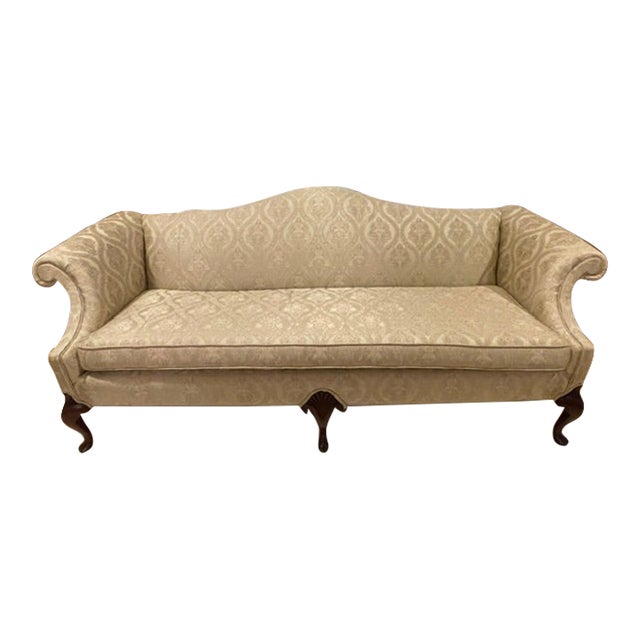 Vintage Chippendale Camelback Sofa in Cream Damask With Ball & Claw Feet For Sale