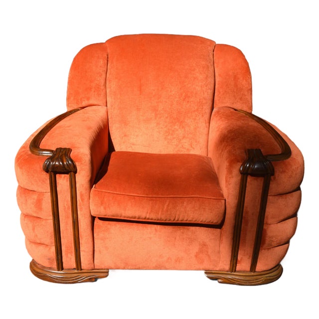 1950s Art Deco Large Orange Club / Accent Arm Chair With Wood Trim & Rounded Ribbed Sides For Sale