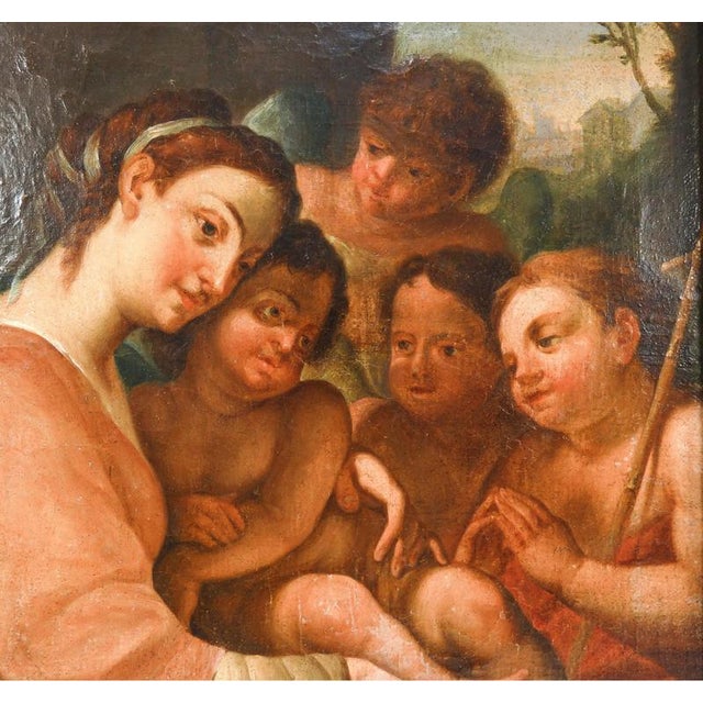 Hollywood Regency Mary, Jesus, and John the Baptist, Early 19th Century, Oil Painting on Canvas For Sale - Image 3 of 14