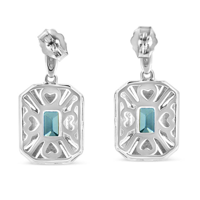 Contemporary .925 Sterling Silver 7x5MM Emerald Shape Blue Topaz and Diamond Accent Art Deco Halo Style Drop and Dangle Earrings (I-J Color, I1-I2 Clarity) For Sale - Image 3 of 5