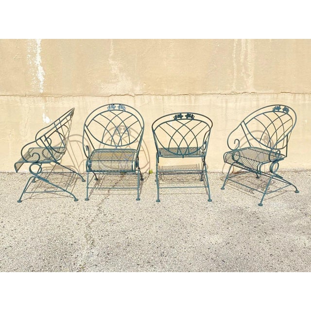 Vintage Woodard Style Wrought Iron Green Spring Bouncy Patio Dining Set - Set of 5. Item features wrought iron frames,...