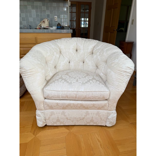 Baker Hollywood Regency Suite C1990 sofa + two club chairs in original ivory damask with Baker labels: 1. Tufted...