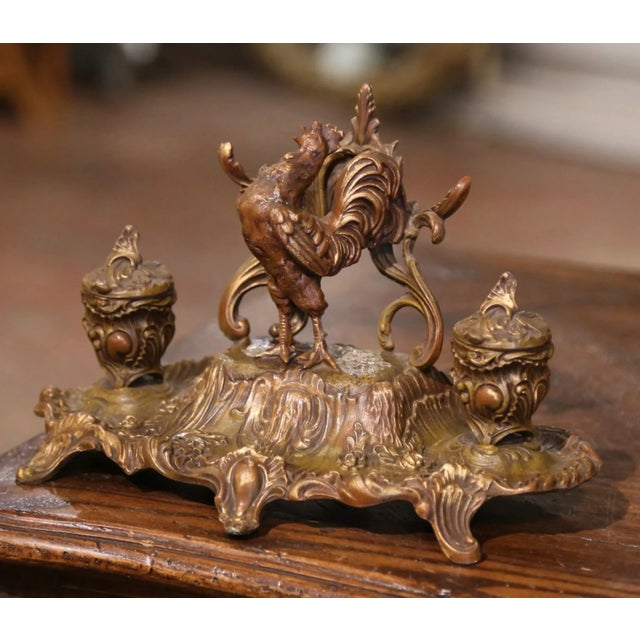 19th Century French Gilt Spelter Inkwell With Rooster Sculpture Signed A. Bossu For Sale In Dallas - Image 6 of 12