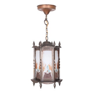 Amsterdam School Art Deco Hexagonal Hallway Lamp with Painted Glass, 1920 For Sale