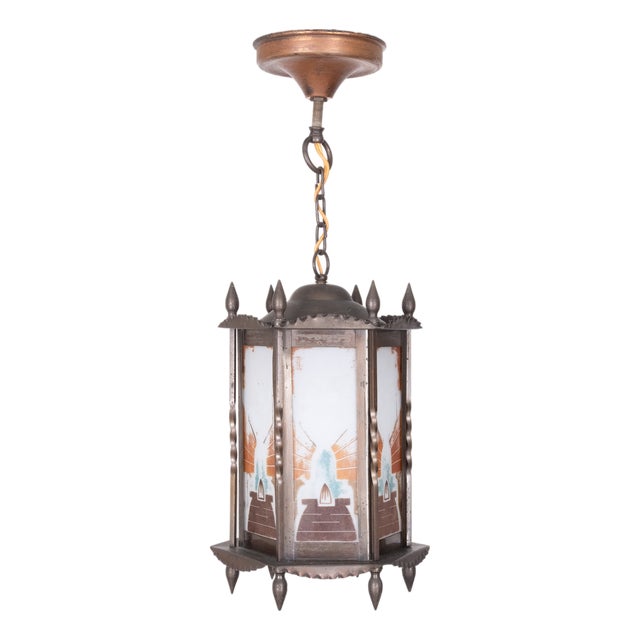 Amsterdam School Art Deco Hexagonal Hallway Lamp with Painted Glass, 1920 For Sale