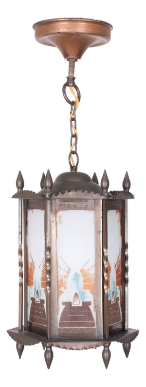 Amsterdam School Art Deco Hexagonal Hallway Lamp with Painted Glass, 1920