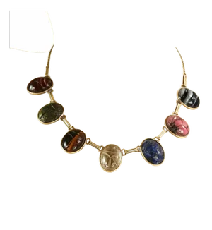 Oval Multicolor Carved Gemstone 14k Yellow Gold Scarab Necklace