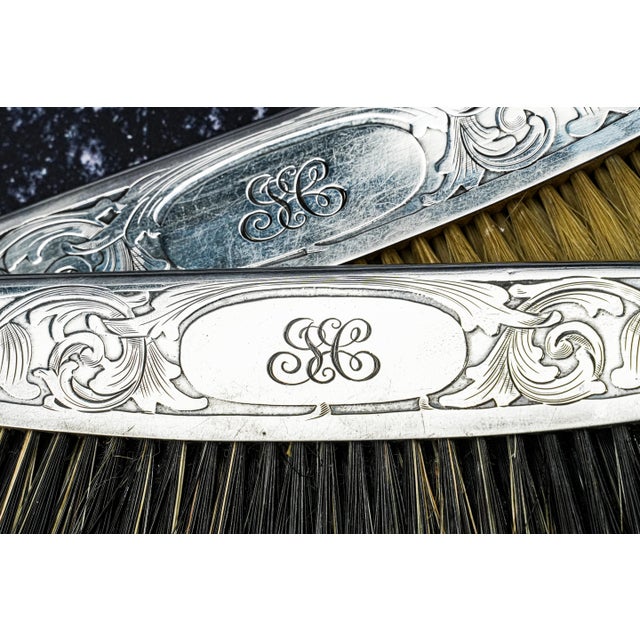 Beautiful Pair Ornate Sterling Silver Antique Clothing Brushes Leather Case Vanity Dresser Home Decor For Sale - Image 4 of 15