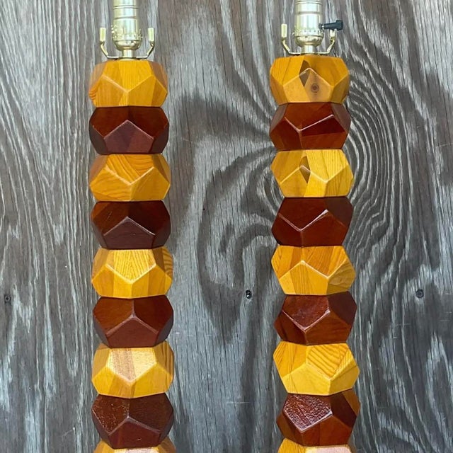 Vintage Boho Stacked Faceted Wood Block Lamps - a Pair For Sale In West Palm - Image 6 of 13