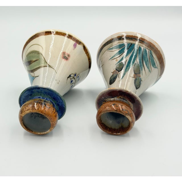 Gray Folk-Art Ken Edwards Palomar Tonala Pottery Hand Painted 2pc Set Candle Holders For Sale - Image 8 of 8