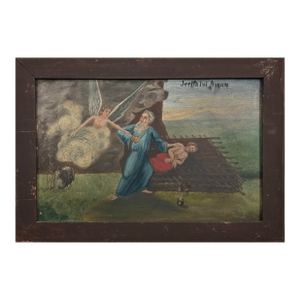 Antique Romanian Folk Art Retablo Sacrifice of Abraham, Signed (Oil on Tin)