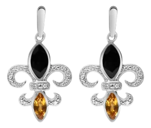 .925 Sterling Silver Marquise Cut Onyx and Citrine with Diamond Accent Fleur De Lis Drop Stud Earrings (H-I Color, SI1-SI2 Clarity)