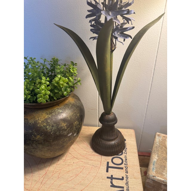 Metal Vintage Italian Tole Hyacinth Sculpture – Hand-Painted Blue Metal Botanical Decor, Hollywood Regency Style For Sale - Image 7 of 9