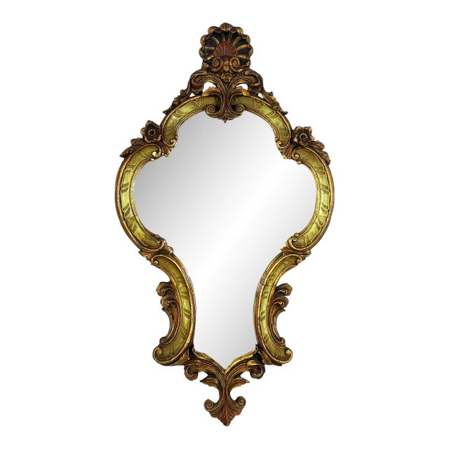 Antique Venetian Rococo Gilt Wall Mirror With Olive Green Highlights, Grotto Style, Italy For Sale