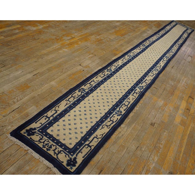 Antique Peking Hallway Runner Wool Blue Navy, Ivory Beige Cream White Rug, Country of Origin: China, Circa Date: 1920s....