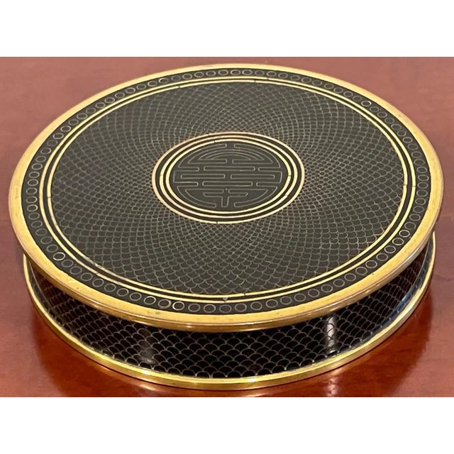 Chinese Mid 20th Century Mid-Century Chinese Black & Gold Cloisonné 'Good Luck' Circular Table Box For Sale - Image 3 of 12