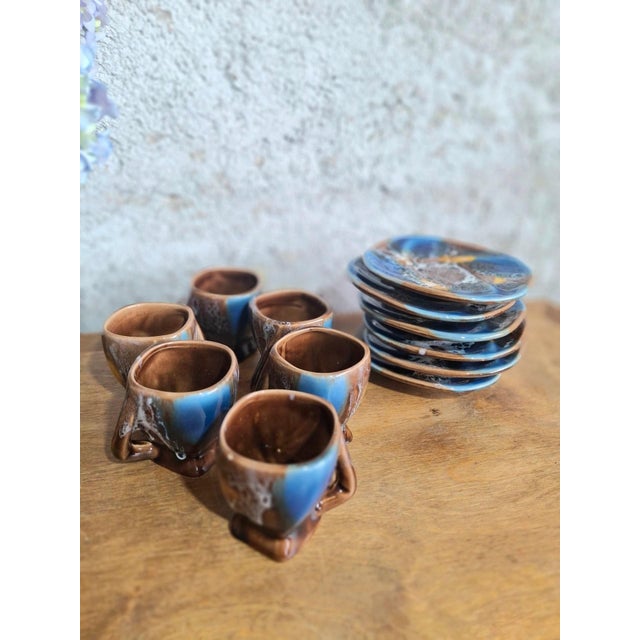 Art Deco Vallauris Coffee Service with Cobalt Blue Flamed Glaze, 1950s, Set of 15 For Sale - Image 11 of 18