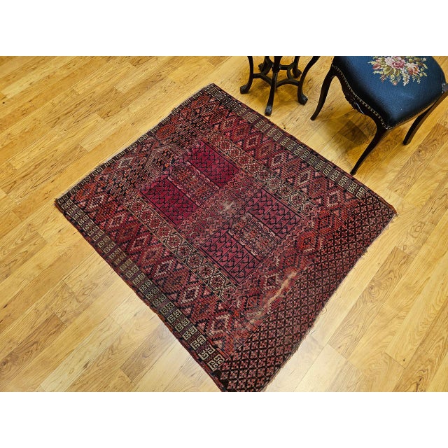 Late 19th Century Near Square Size Vintage Turkmen Tekke Ensi in Prayer Pattern in Red, Navy, Ivory, Blue For Sale - Image 5 of 16