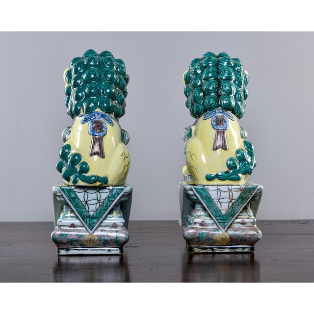 Pair Mid Century Ceramic Foo Dogs on Base For Sale - Image 4 of 8