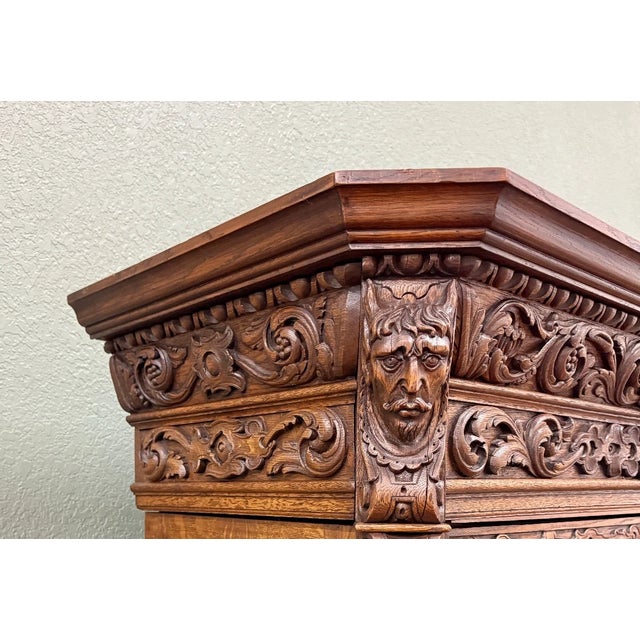 Antique French Renaissance Revival Bookcase Cabinet Side Doors Oak C. 1880s For Sale - Image 9 of 13