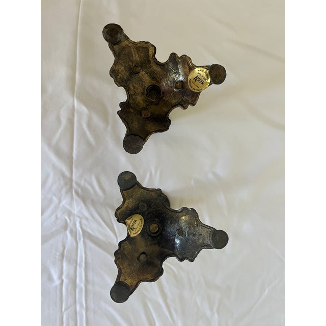 Vintage Ornate Brass Candle Holders Action Made in Italy 3 Footed Baroque 6" For Sale In Los Angeles - Image 6 of 12