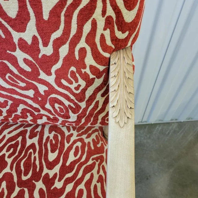 Pair of French Louis XIII Style Bleached Oak Armchairs in Red Cut Velvet For Sale In Raleigh - Image 6 of 11