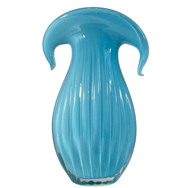 Glass Art Glass Aqua Blue Vase Crescent Clam Lip Fluted Vase For Sale - Image 7 of 17