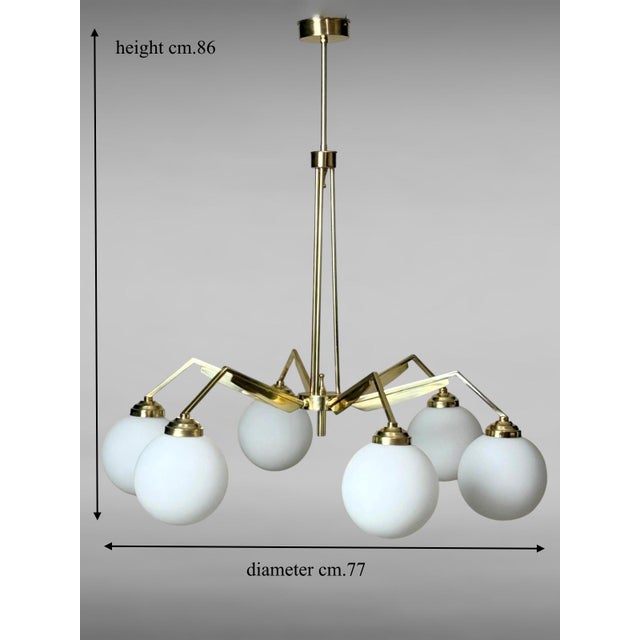 Mid 20th Century Stilnovo Style Italian Brass Six-Light Chandelier With Opaline Glass Globes For Sale - Image 18 of 18