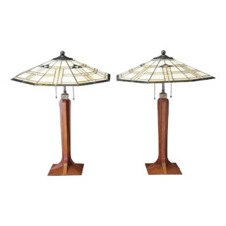 Set of 2 Stickley Mission Style Cherry Corbel Stained Glass Library Table Lamps For Sale