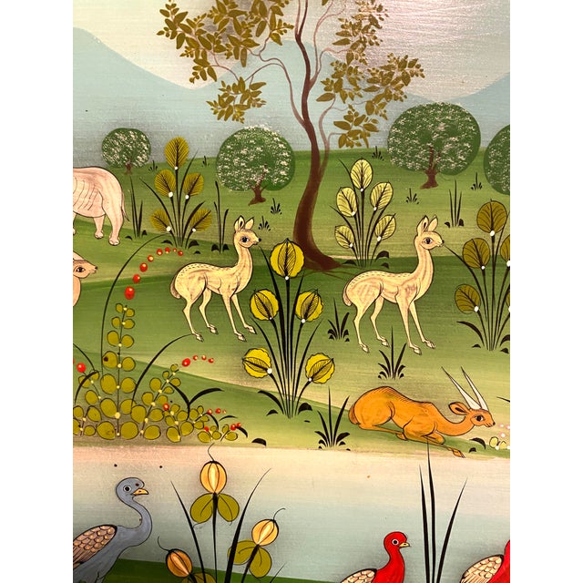 Mid 20th Century Arturo Alcala Mexican Folk Art Painting – Landscape With Birds, Deer, Elephants, Toucans, & Wildlife For Sale - Image 11 of 15