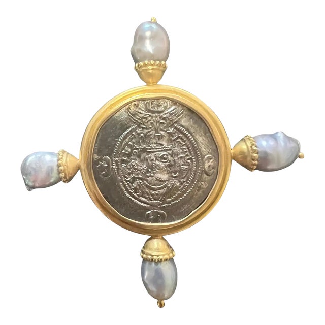 Elizabeth Locke Silver Sasanian Roman Coin Sea Pearl 18k Gold Frame Pin or Brooch For Sale