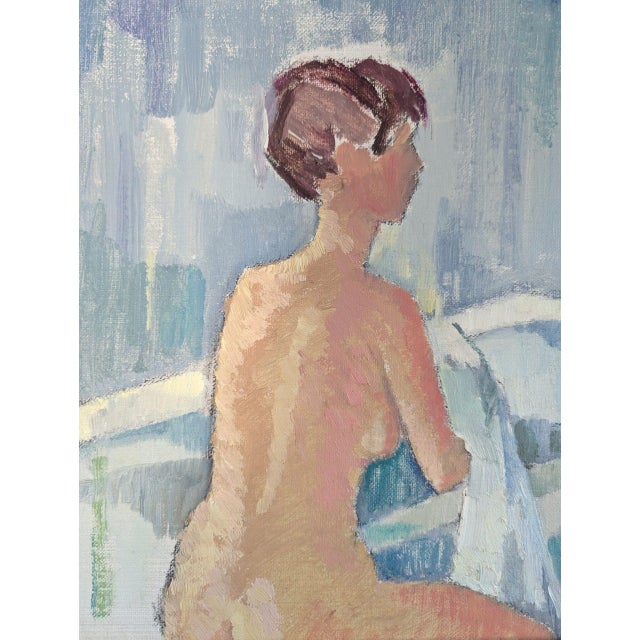 Mid-Century Modern 'Bath Time' Figurative Portrait Oil Painting, Framed For Sale - Image 10 of 11