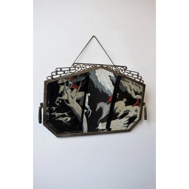 Antique Art Deco Large-Scale Silvered Wrought Iron Wall Mirror with Bullion Tassel Details in the Manner of Edgar William...