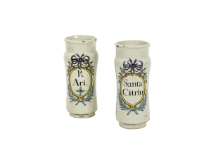 19th Century Polychrome Earthenware Pharmacy Jars, Set of 2
