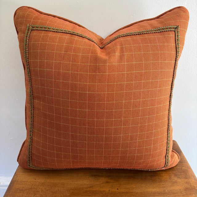 Textile Feather Down Rust Orange Pillow With Trim Detail For Sale - Image 7 of 7