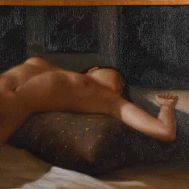 Realism Late 20th Century Framed Signed Reclining Nude Oil on Canvas Attributed to David Condori For Sale - Image 3 of 5