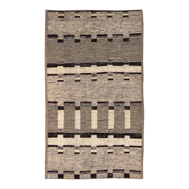 Modern Beige Moroccan Style Handmade Brown Geometric Pattern Wool Rug For Sale