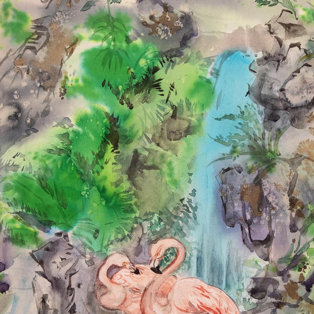 Paper 'Pink Flamingos by a Waterfall' by Lois Elaine Green Cohen, Mid-Century California Woman Artist, Chouinard For Sale - Image 7 of 8