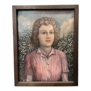 Circa 1940s French Portrait Oil Painting of a Woman with Pink Flowers, Framed For Sale