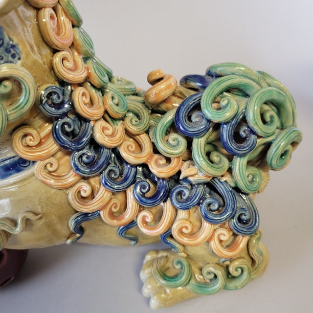 Pair of Shiwan Ceramic Polychrome Foo Dogs Sculptures, Hand-Applied Coils For Sale - Image 15 of 17