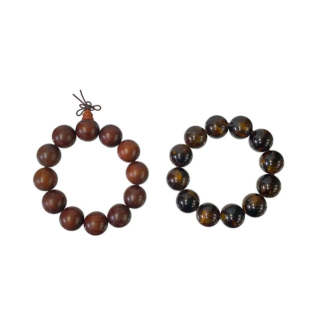 Set of 2 Brown Wood / Amber Resin Beads Hand Rosary Praying Bracelet For Sale - Image 4 of 4
