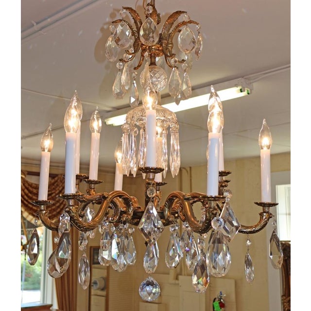 1950's Hollywood Regency French Style Brass & Crystal 12 Light Chandelier For Sale In New York - Image 6 of 14