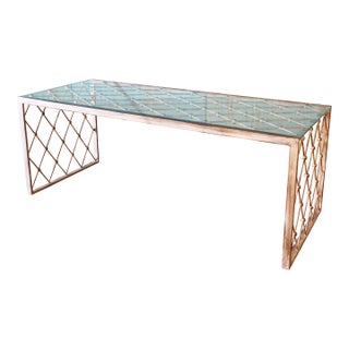 1990s Gold Painted Metal and Glass Designer Coffee Table After Jean Royere For Sale