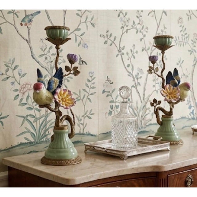 Pair of Vintage French-Style Porcelain and Ormolu Bird Candlesticks For Sale - Image 11 of 11