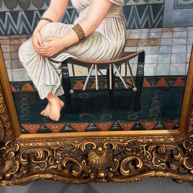 1960s Grand Scale Orientalist Seated Egyptian Woman Painting in Ornate Baroque Gilt Frame For Sale In New York - Image 6 of 12