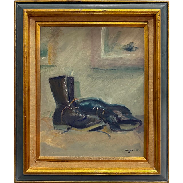 1963 Oil Painting on Board of a pair of Boots Signed Unger Offered for sale is a stunning 1963 oil painting on board...