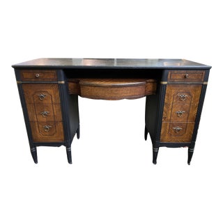 Hand Painted Desk Vanity Antique French Burled Wood Black Faux Alligator Top For Sale