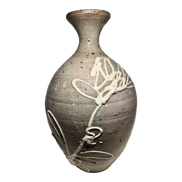 1960s Rare Mid-Century Modern Studio Art Pottery Gray & White Decor Earthenware Vase For Sale