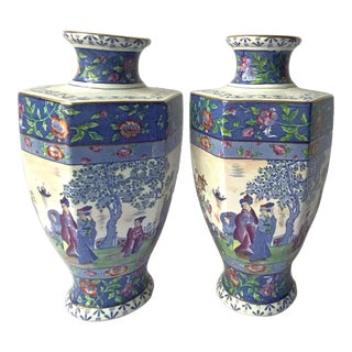 Pair English Empire Porcelain Co. Staffordshire Pottery Chinoiserie Vases For Sale