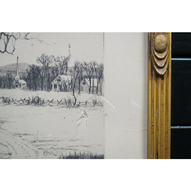 Antique Ernest C Rost Road to Village Church Winter Snow Landscape Etching 23" For Sale - Image 9 of 10